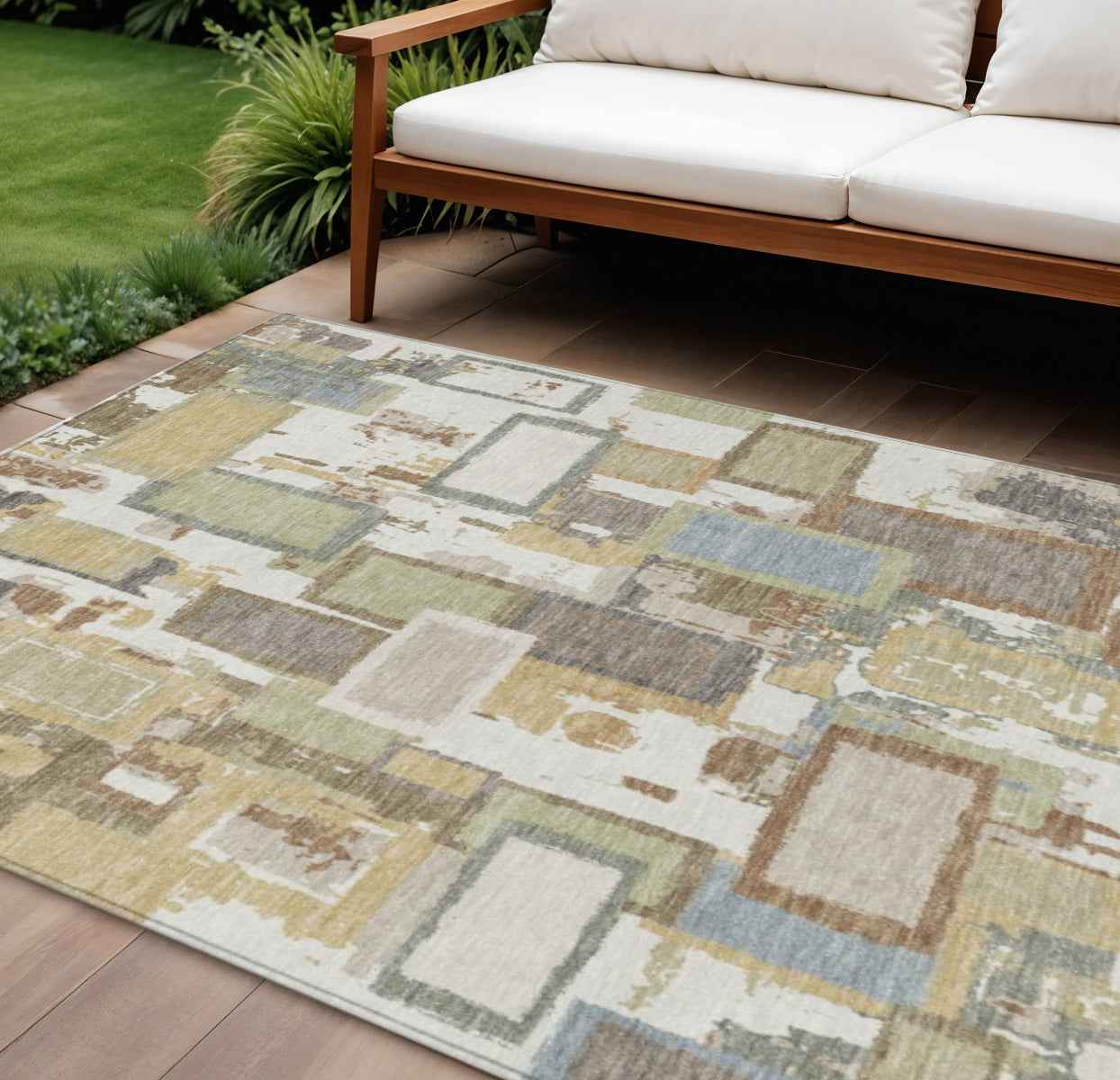 9' X 12' Ivory Gold And Blue Geometric Washable Indoor Outdoor Area Rug