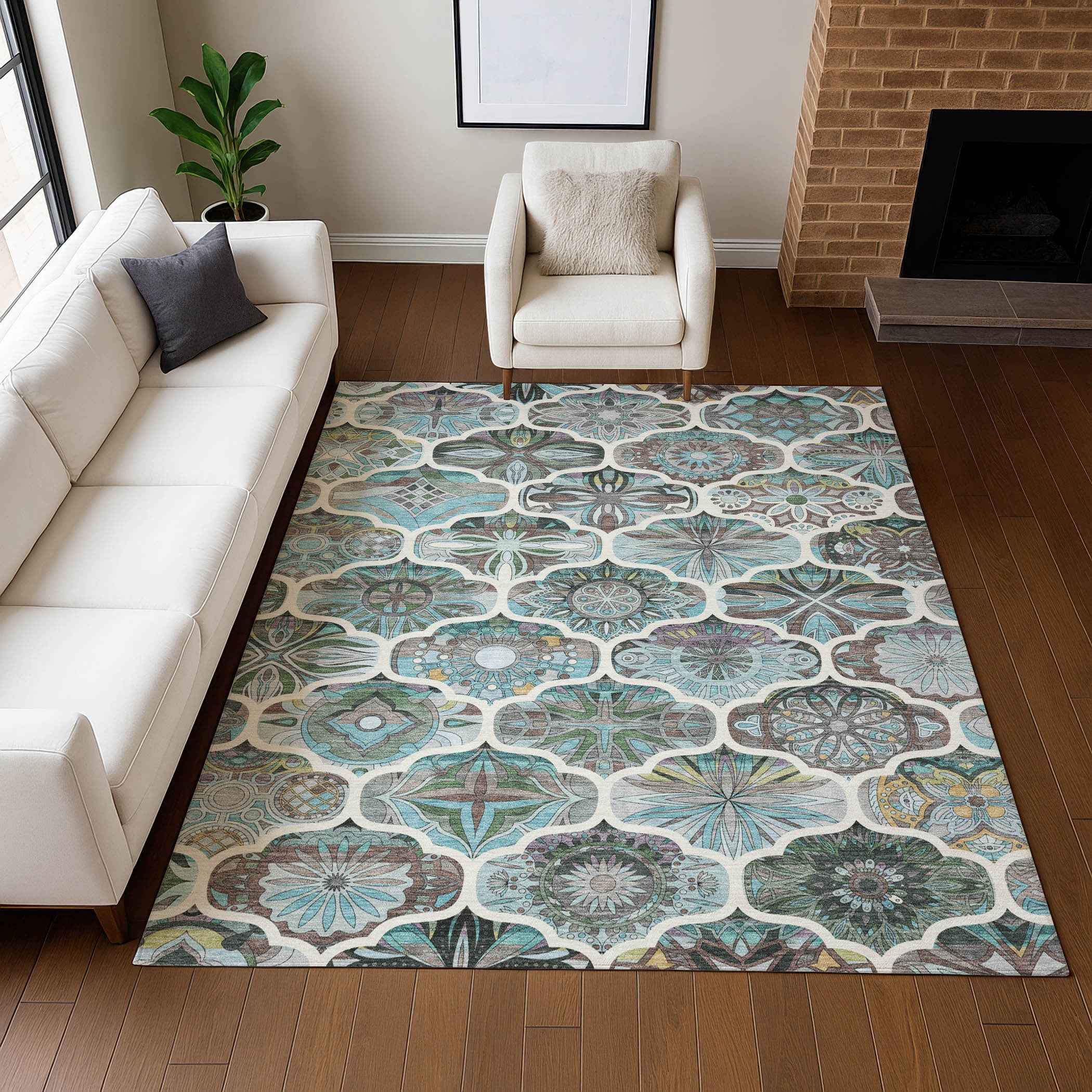 8' X 10' Teal Blue And Ivory Quatrefoil Washable Indoor Outdoor Area Rug