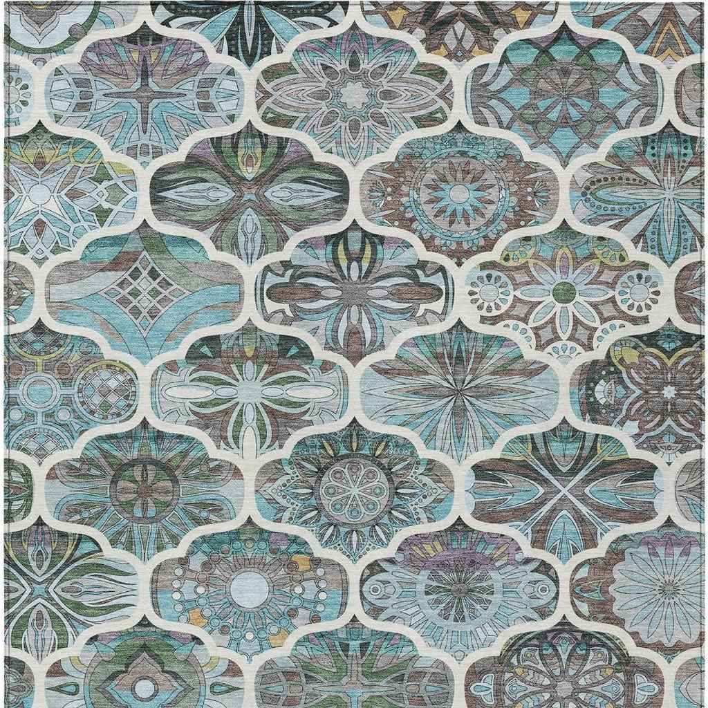 8' X 10' Teal Blue And Ivory Quatrefoil Washable Indoor Outdoor Area Rug