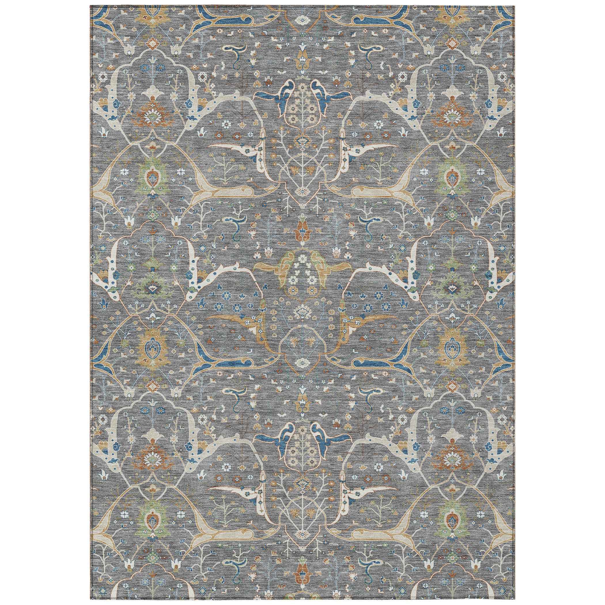 8' X 10' Gray Green And Copper Floral Washable Indoor Outdoor Area Rug