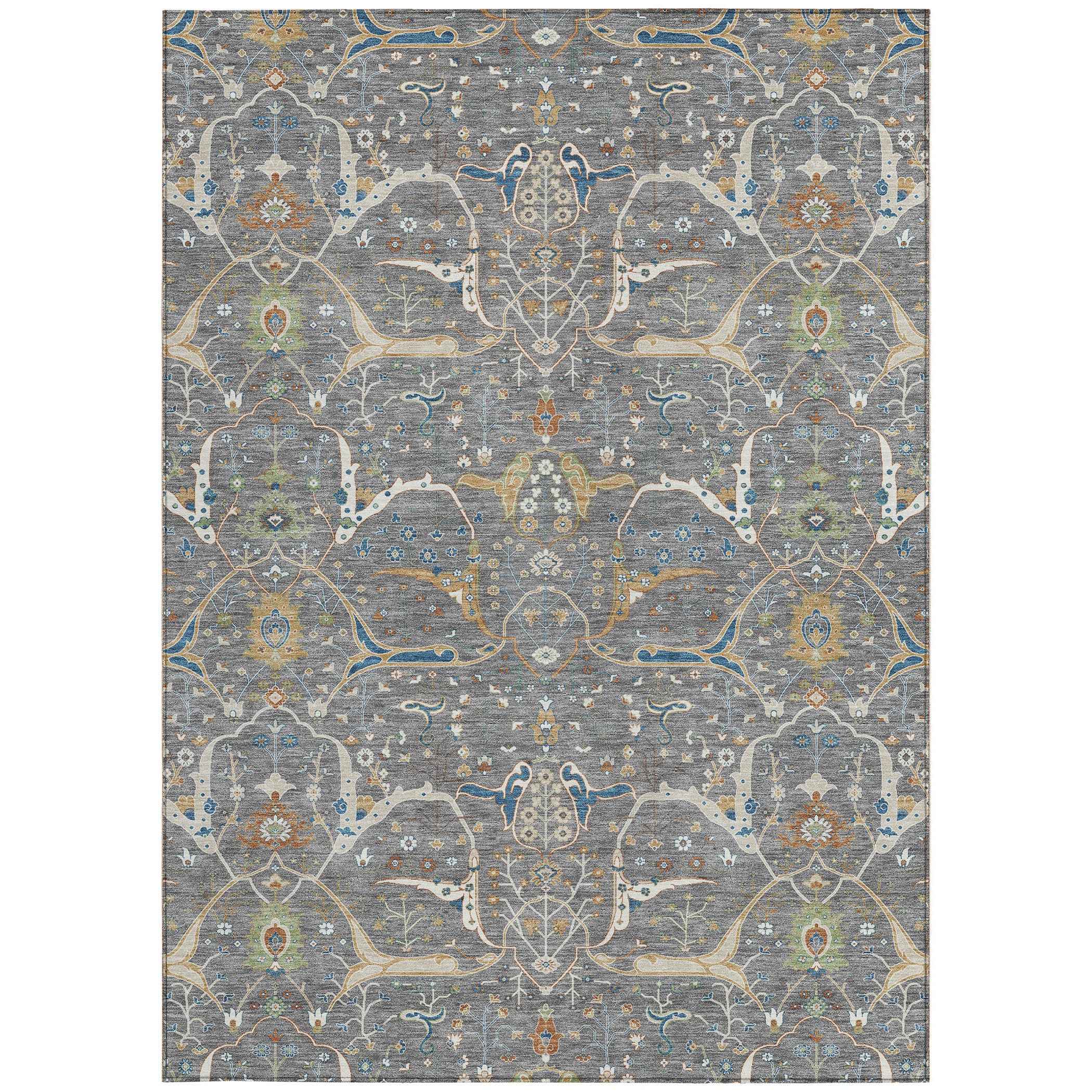 8' X 10' Gray Green And Copper Floral Washable Indoor Outdoor Area Rug