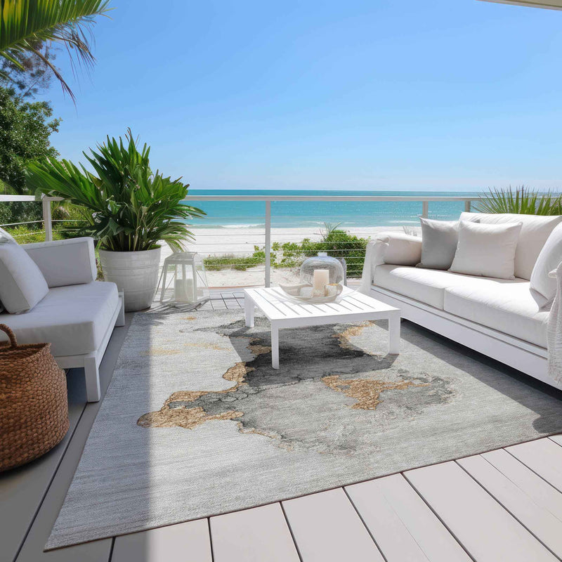 8' X 10' Gray And Gold Abstract Washable Indoor Outdoor Area Rug