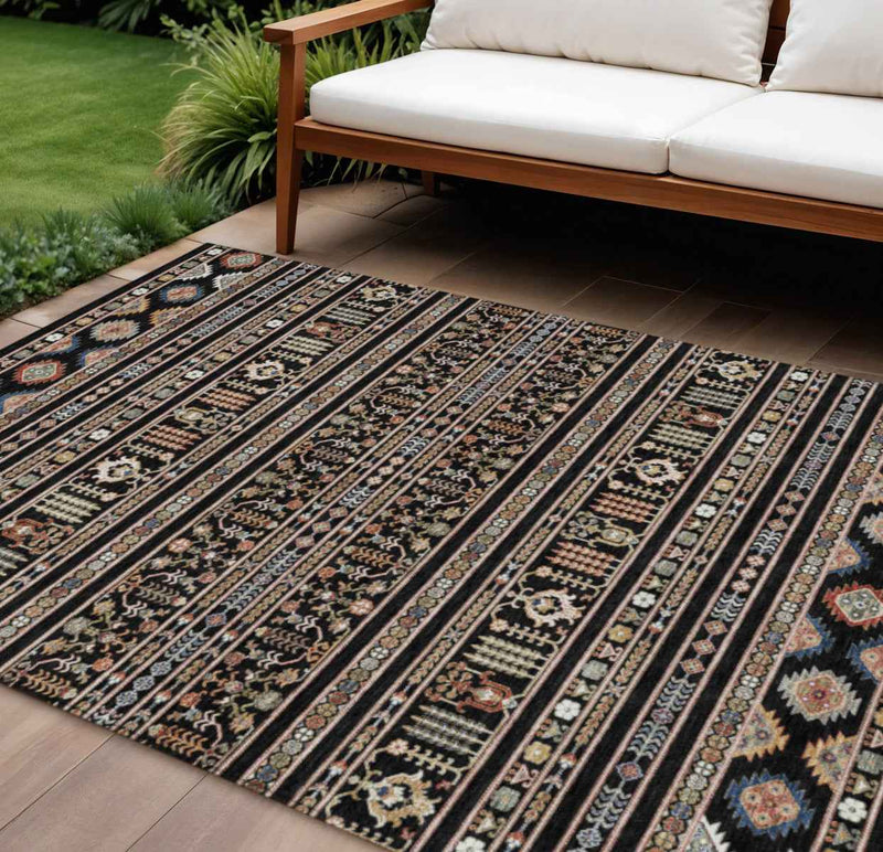 8' X 10' Black Blue And Copper Tribal Washable Indoor Outdoor Area Rug