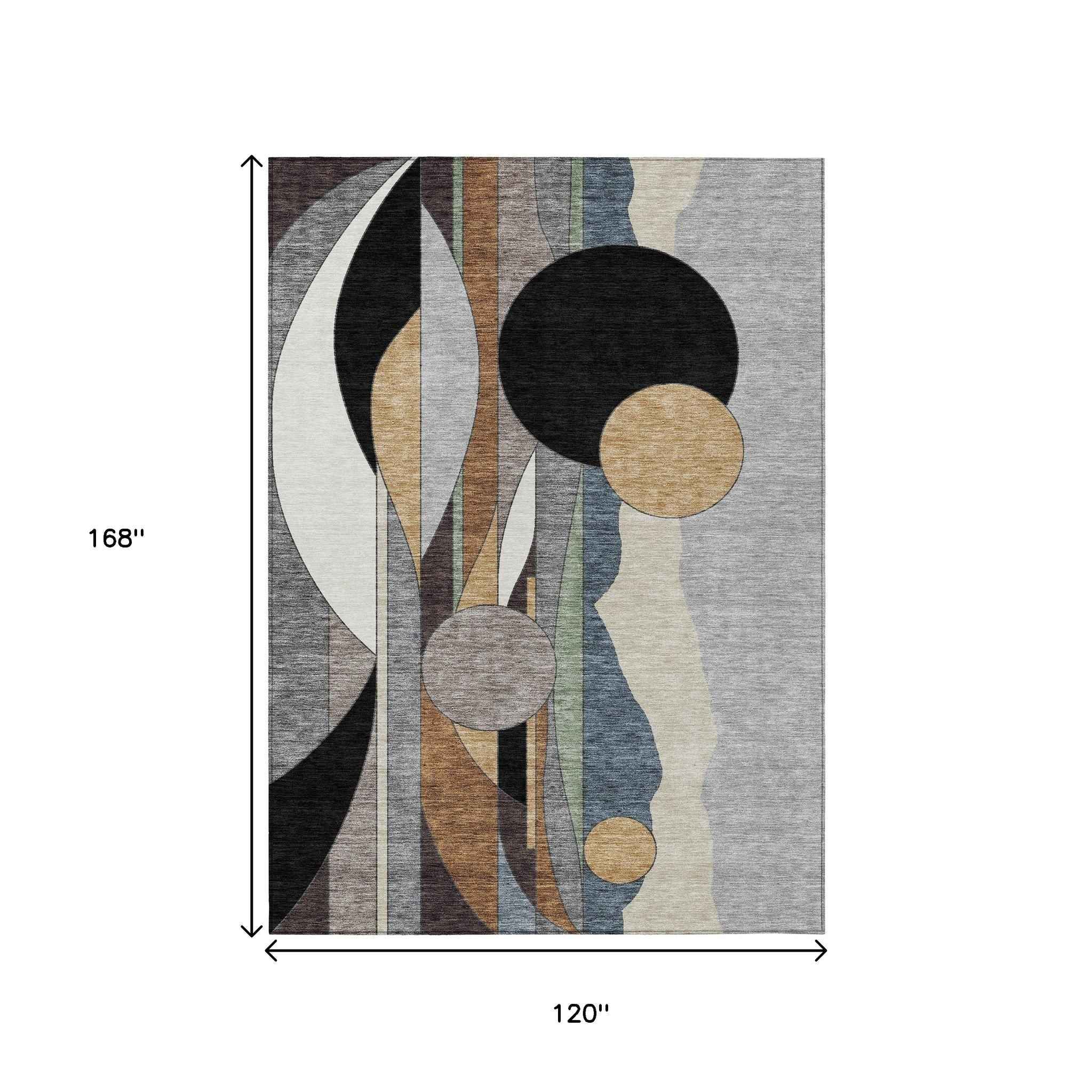 10' X 14' Gray Black And Gold Geometric Washable Indoor Outdoor Area Rug