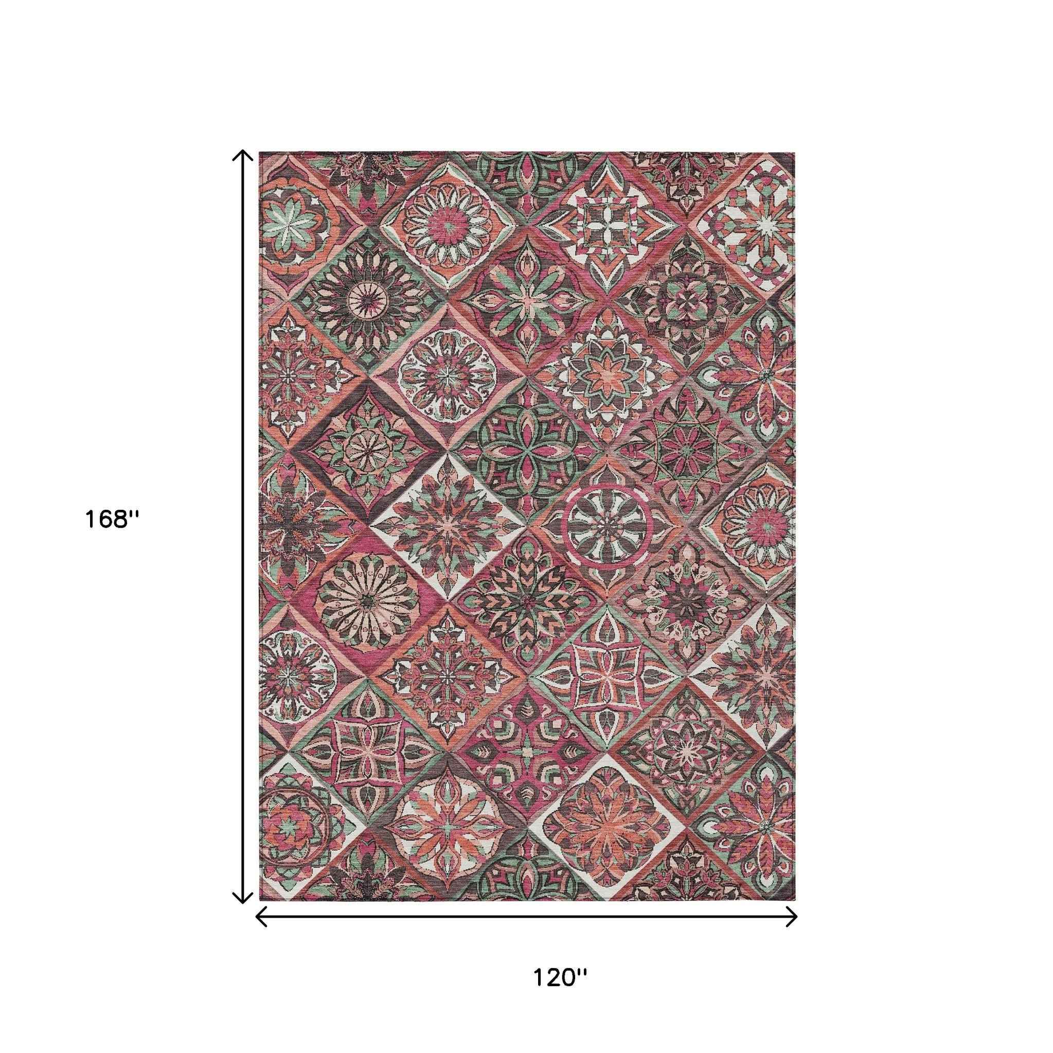 10' X 14' Blush And Green Patchwork Washable Indoor Outdoor Area Rug