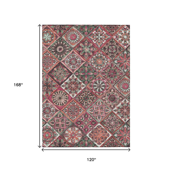 10' X 14' Blush And Green Patchwork Washable Indoor Outdoor Area Rug