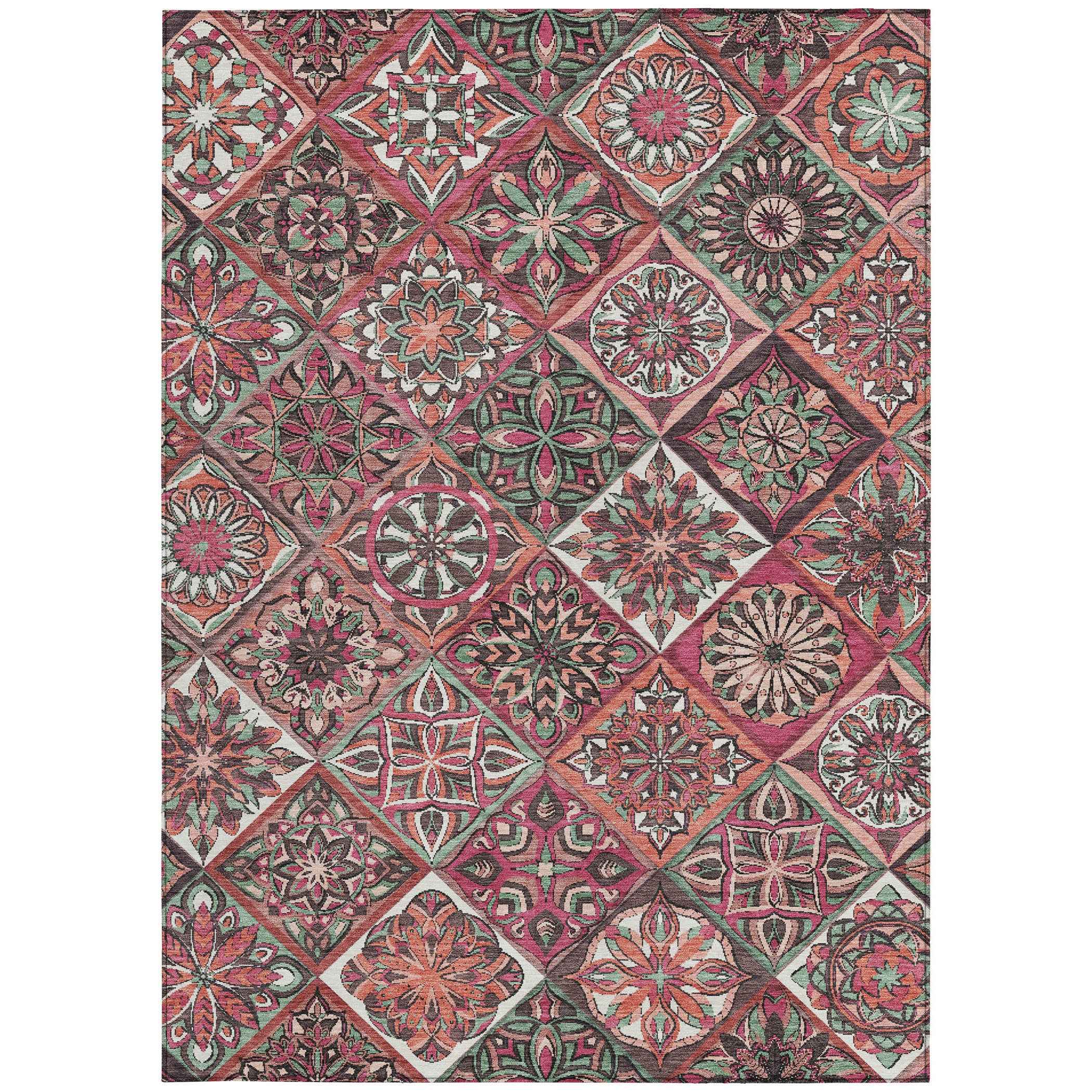 10' X 14' Blush And Green Patchwork Washable Indoor Outdoor Area Rug
