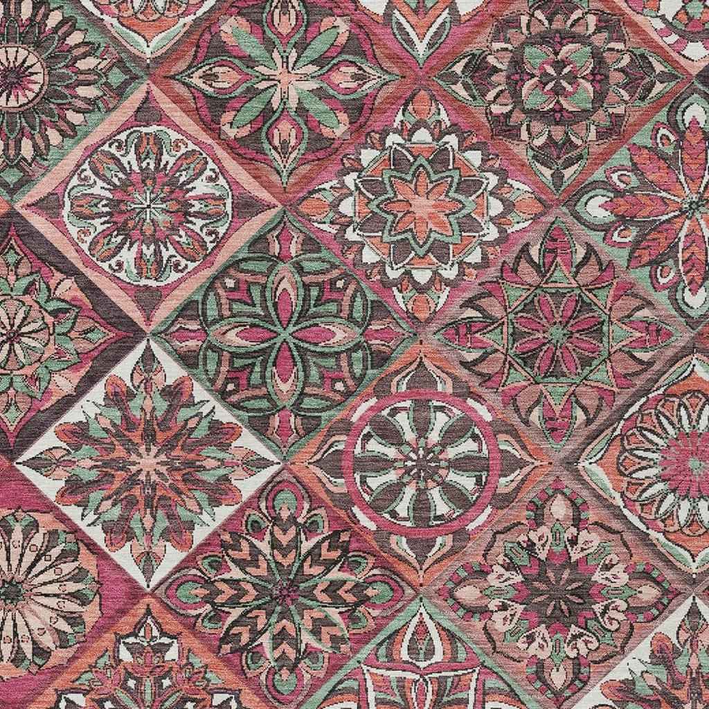 10' X 14' Blush And Green Patchwork Washable Indoor Outdoor Area Rug