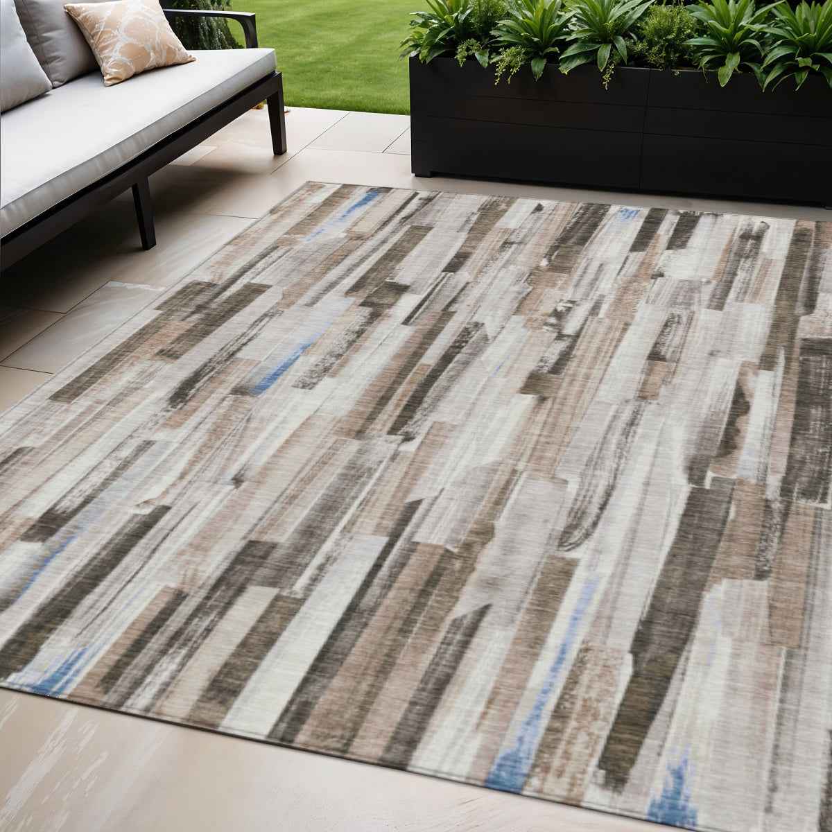 5' X 8' Khaki And Ivory Striped Washable Indoor Outdoor Area Rug
