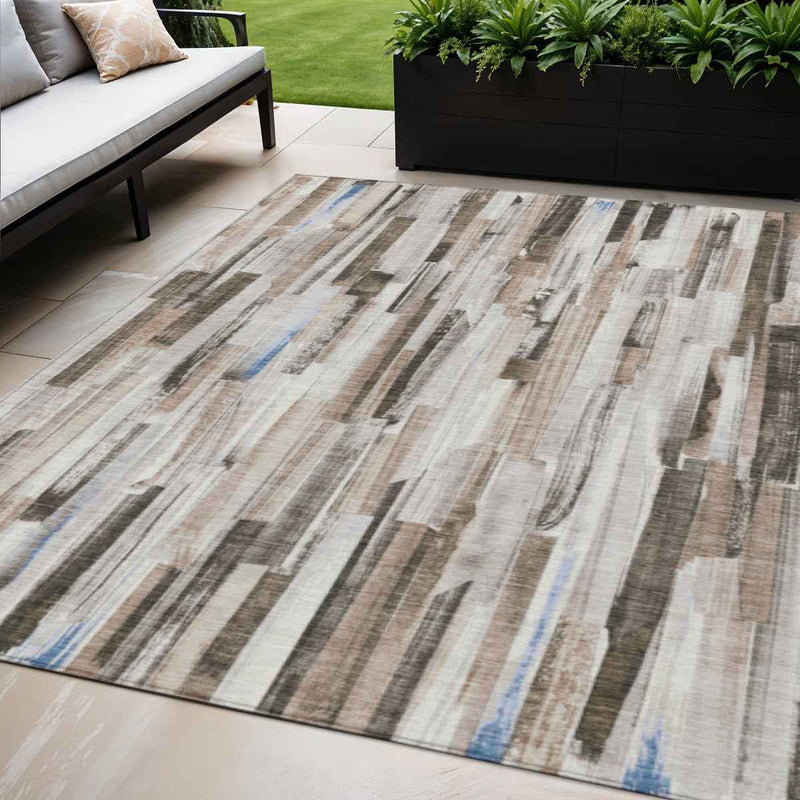 5' X 8' Khaki And Ivory Striped Washable Indoor Outdoor Area Rug