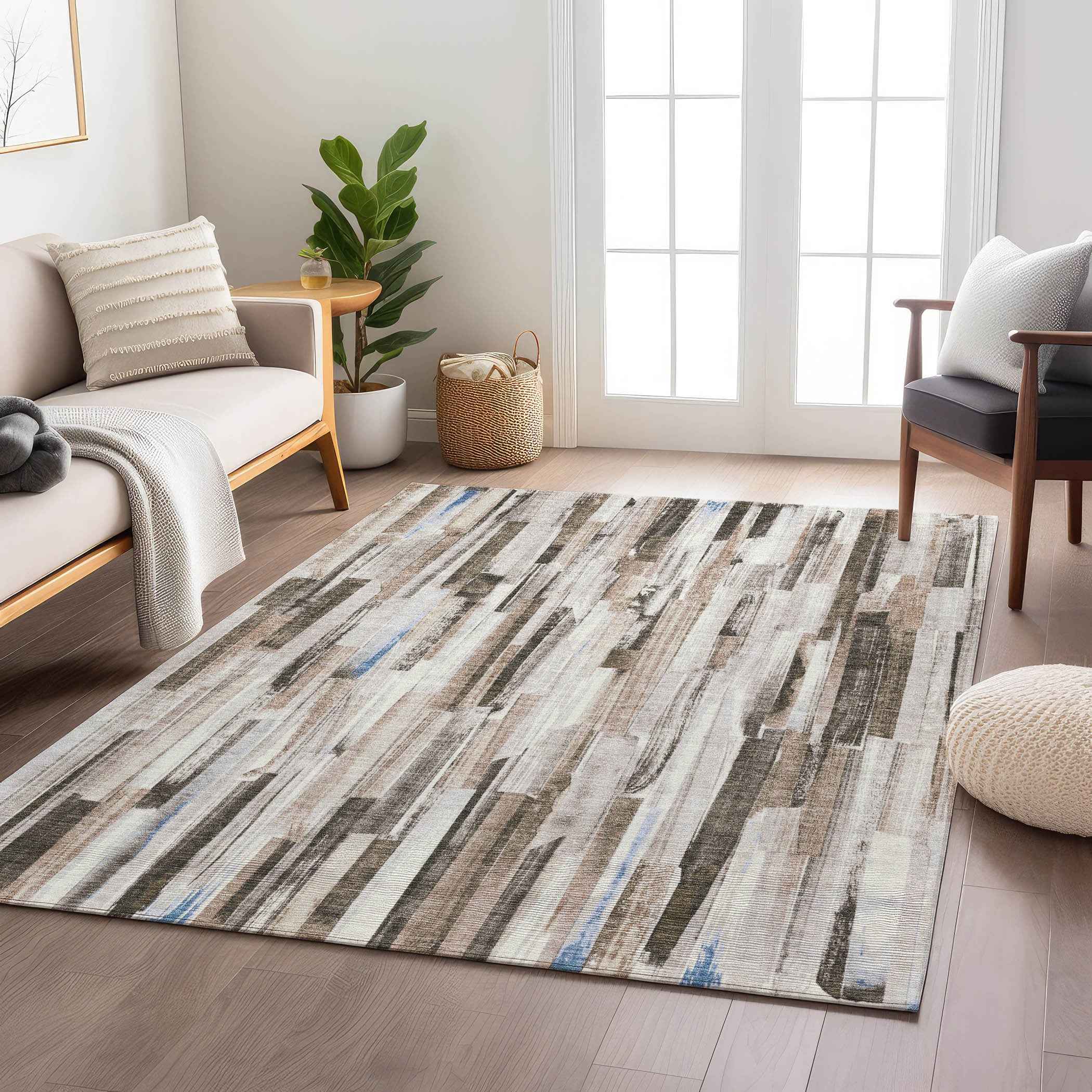 5' X 8' Khaki And Ivory Striped Washable Indoor Outdoor Area Rug