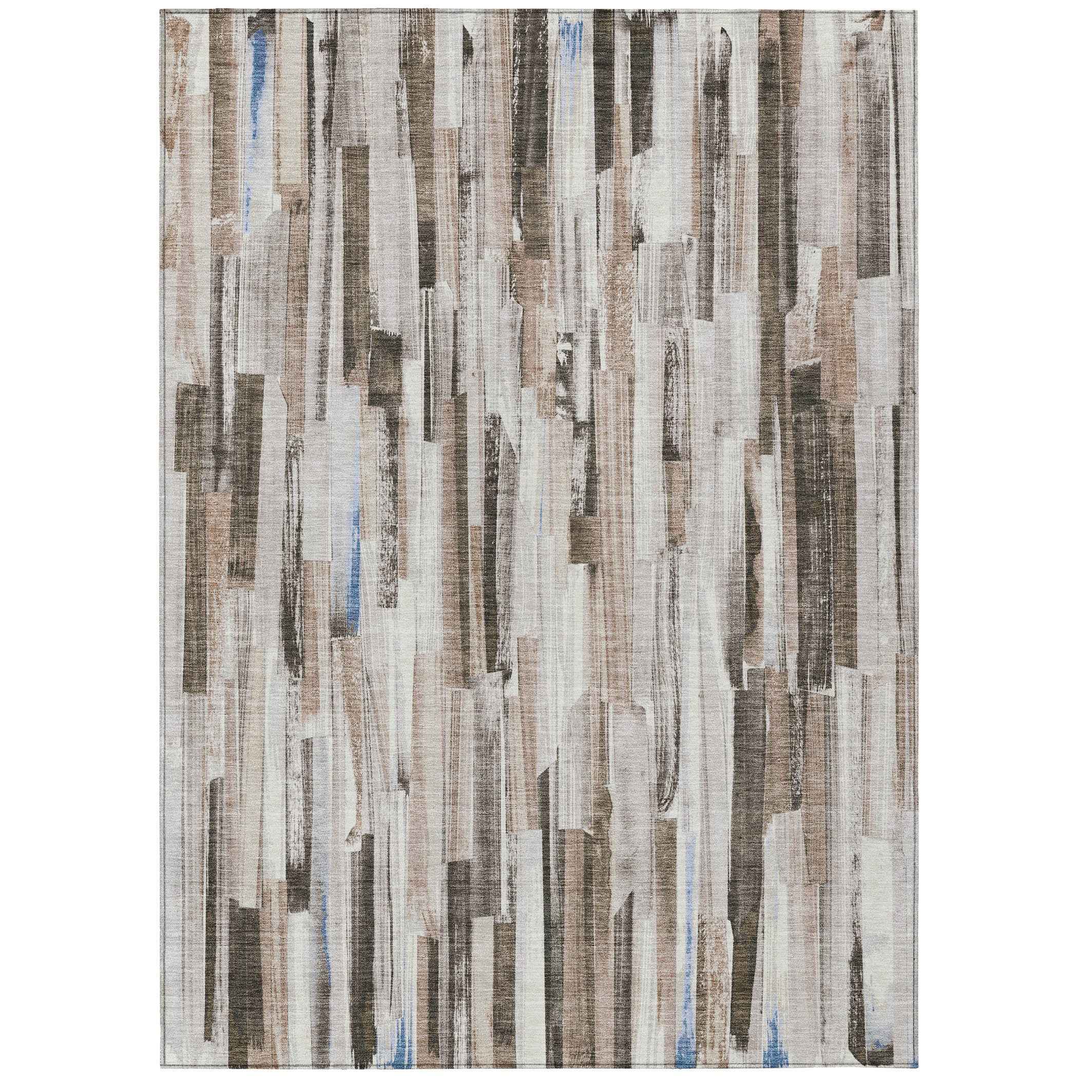 5' X 8' Khaki And Ivory Striped Washable Indoor Outdoor Area Rug