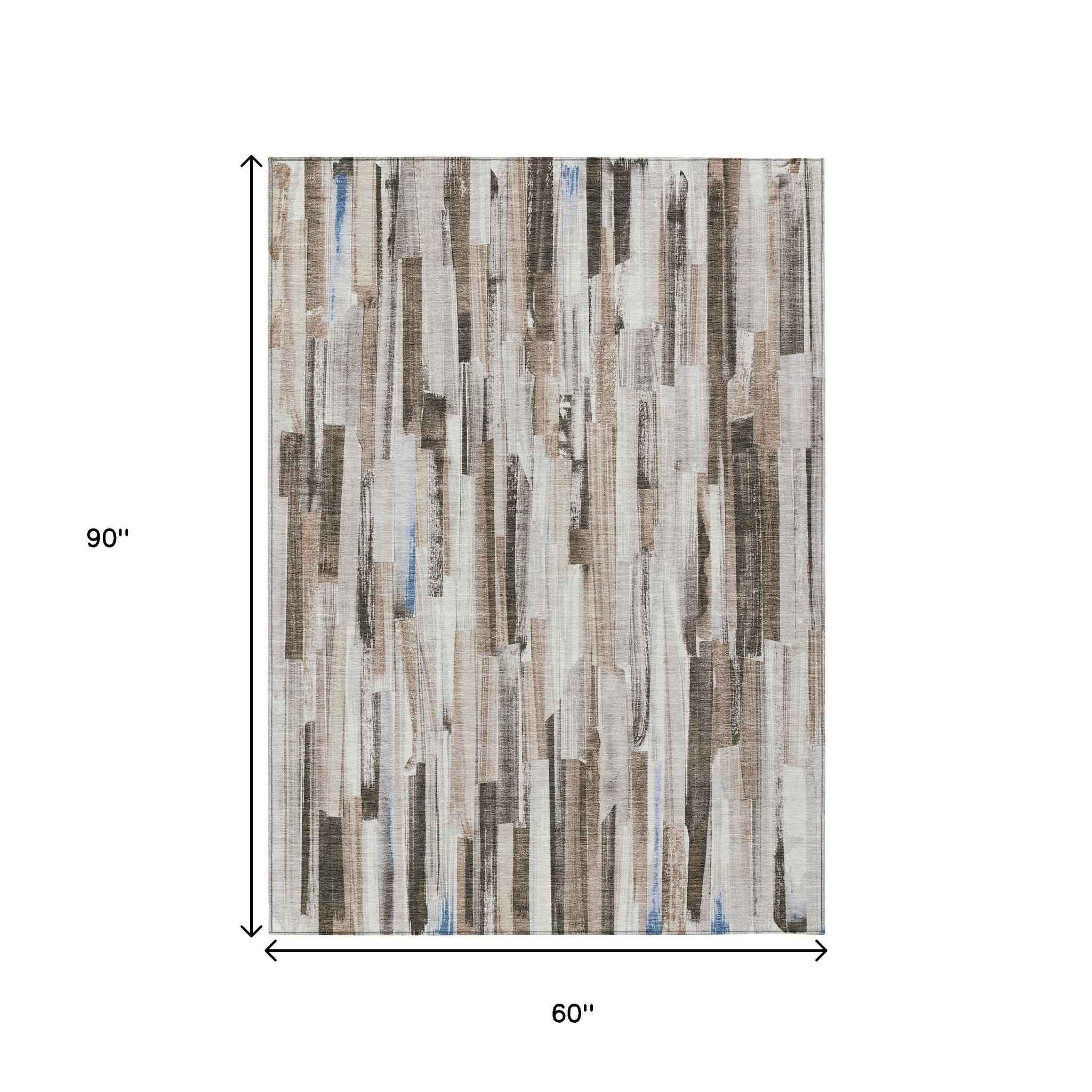 5' X 8' Khaki And Ivory Striped Washable Indoor Outdoor Area Rug