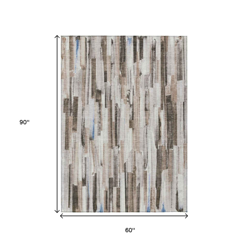 5' X 8' Khaki And Ivory Striped Washable Indoor Outdoor Area Rug