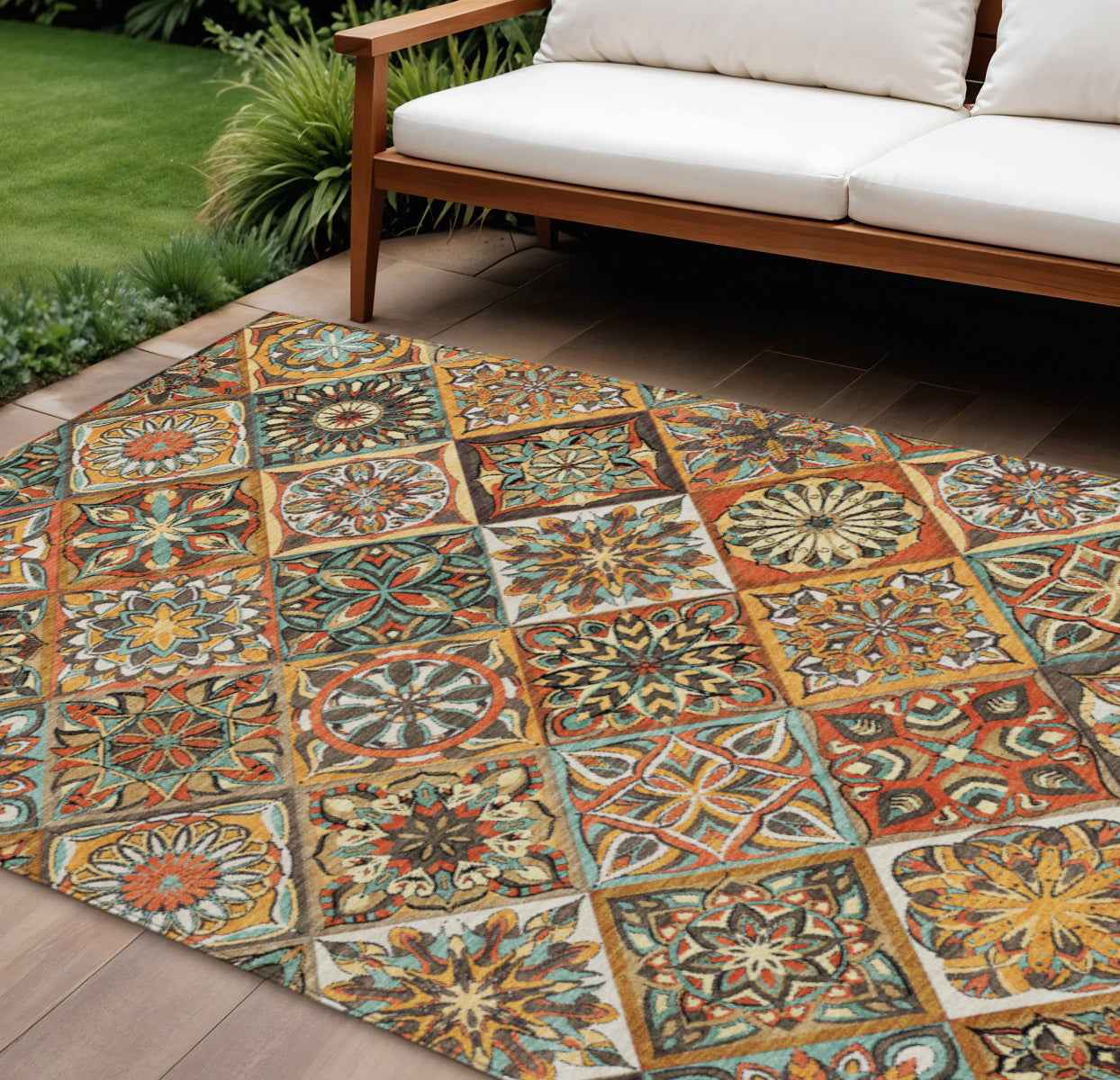 10' X 14' Gold And Orange Patchwork Washable Indoor Outdoor Area Rug