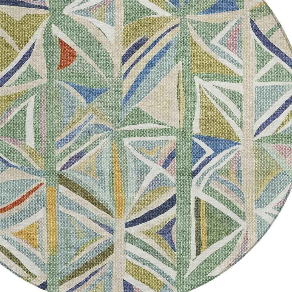 8' Sage Blue And Ivory Round Geometric Washable Indoor Outdoor Area Rug