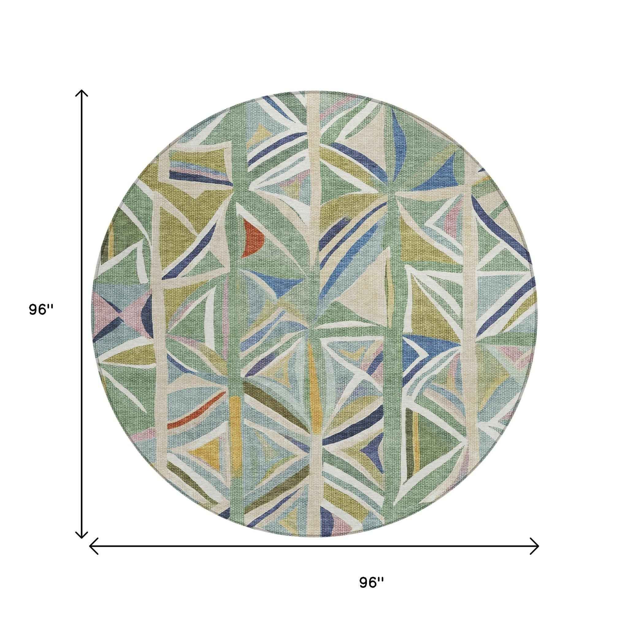 8' Sage Blue And Ivory Round Geometric Washable Indoor Outdoor Area Rug