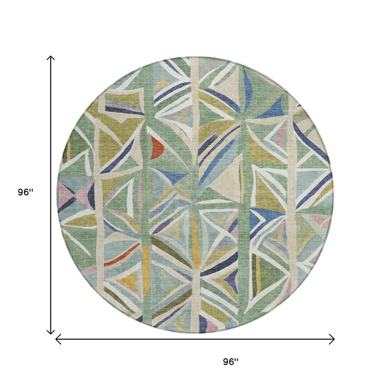 8' Sage Blue And Ivory Round Geometric Washable Indoor Outdoor Area Rug