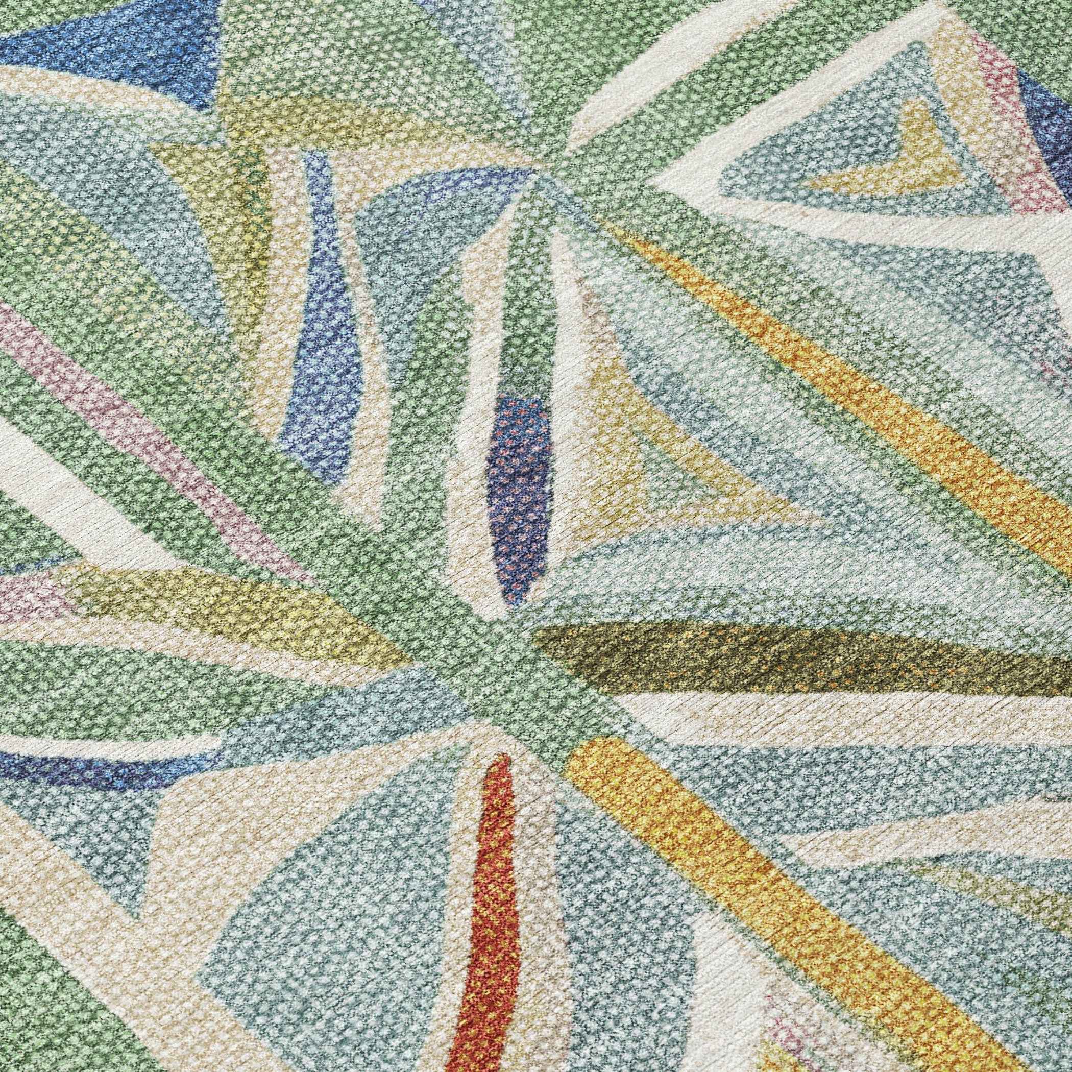 8' Sage Blue And Ivory Round Geometric Washable Indoor Outdoor Area Rug