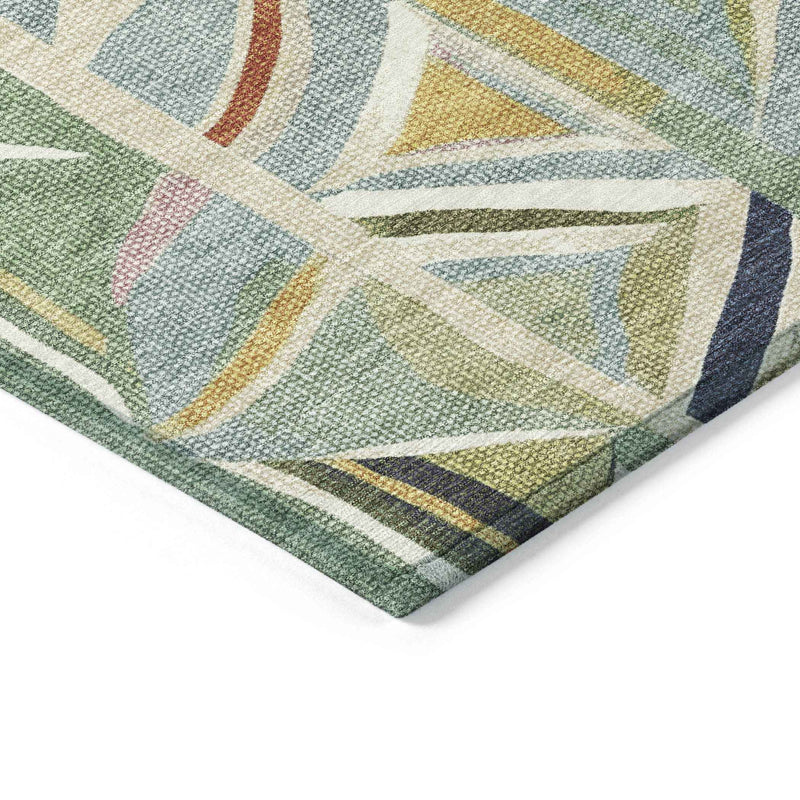 8' Sage Blue And Ivory Round Geometric Washable Indoor Outdoor Area Rug