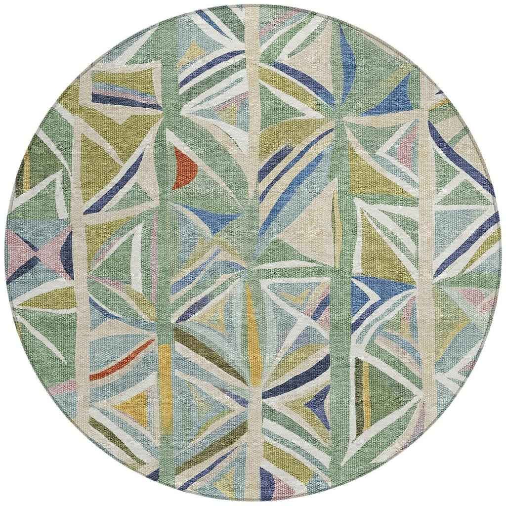 8' Sage Blue And Ivory Round Geometric Washable Indoor Outdoor Area Rug