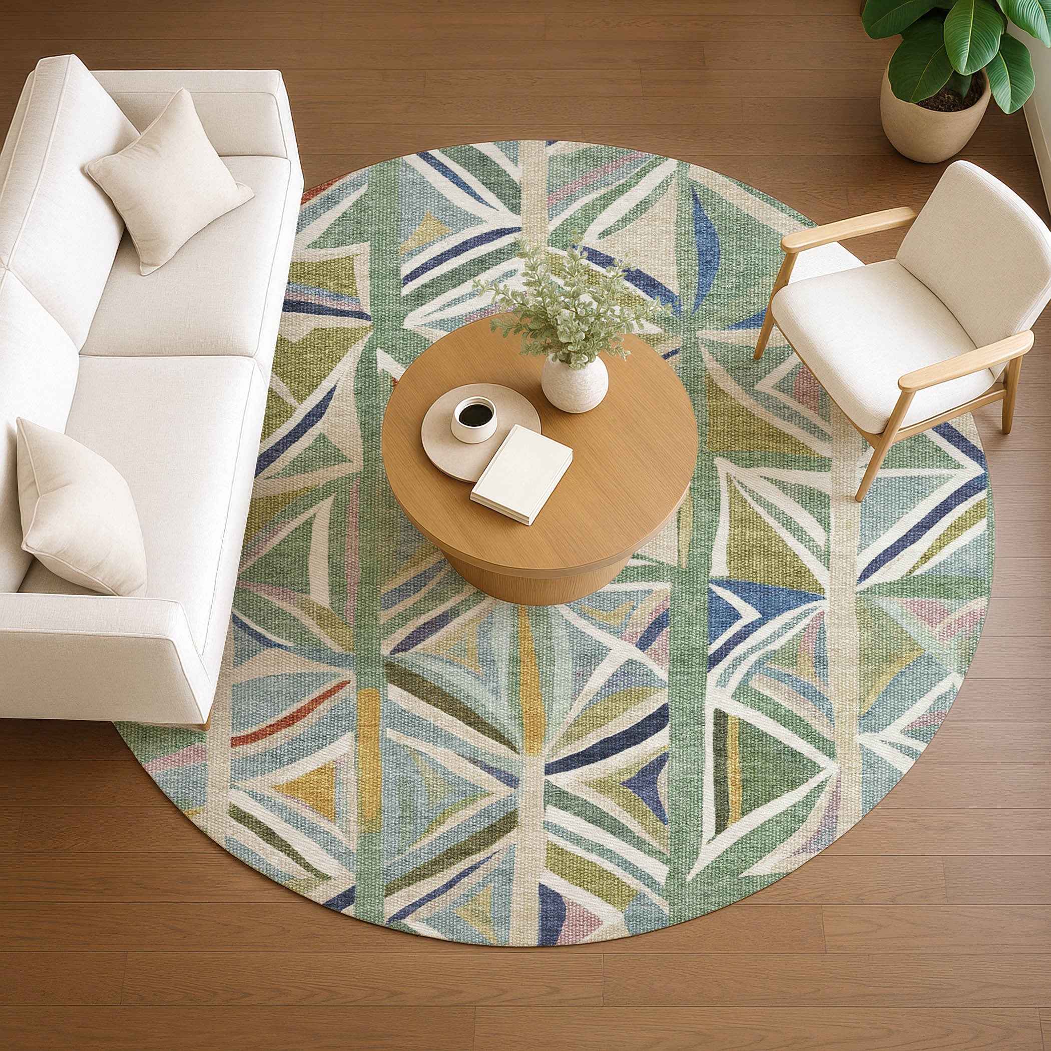 8' Sage Blue And Ivory Round Geometric Washable Indoor Outdoor Area Rug
