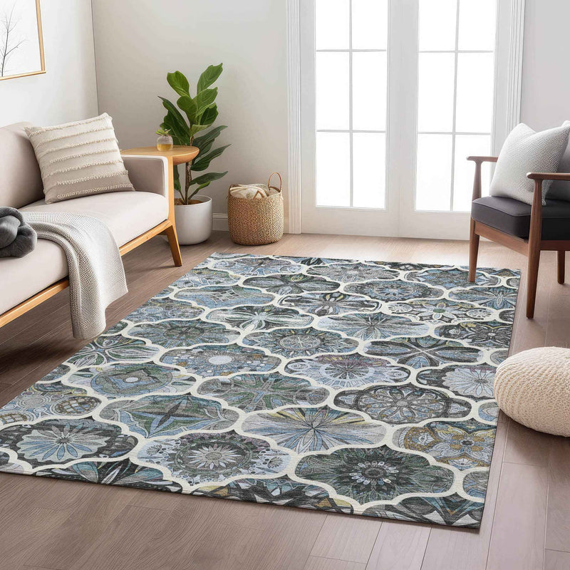 3' X 5' Blue And Ivory Quatrefoil Washable Indoor Outdoor Area Rug