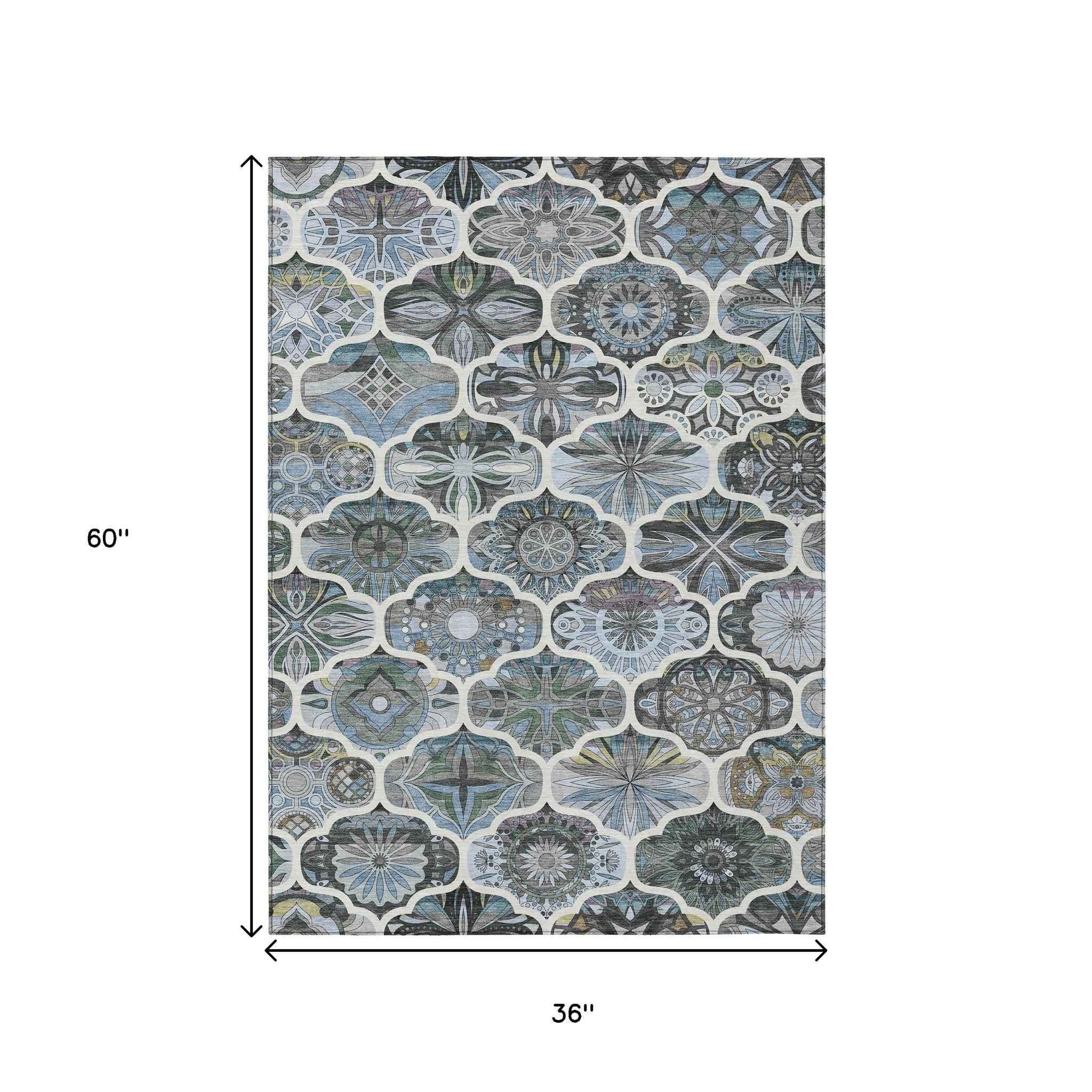3' X 5' Blue And Ivory Quatrefoil Washable Indoor Outdoor Area Rug