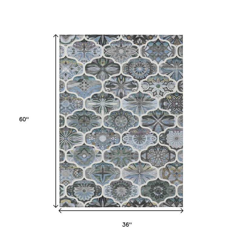 3' X 5' Blue And Ivory Quatrefoil Washable Indoor Outdoor Area Rug