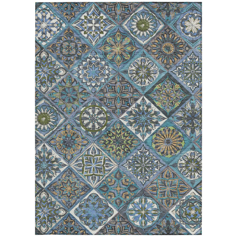 10' X 14' Denim Blue And Green Patchwork Washable Indoor Outdoor Area Rug