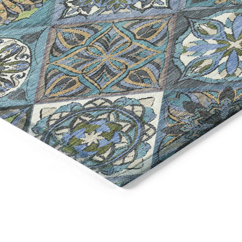 10' X 14' Denim Blue And Green Patchwork Washable Indoor Outdoor Area Rug