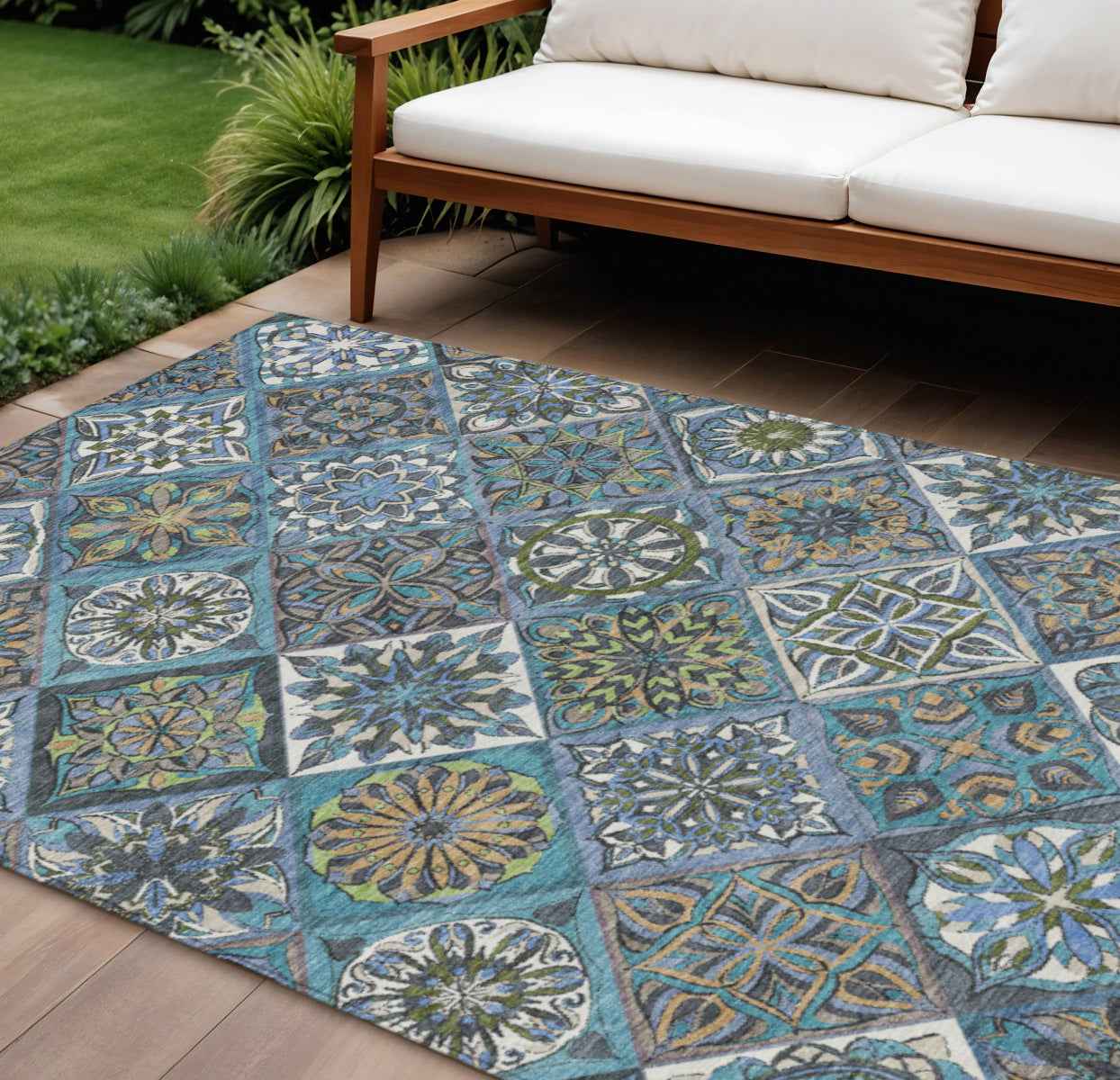 10' X 14' Denim Blue And Green Patchwork Washable Indoor Outdoor Area Rug