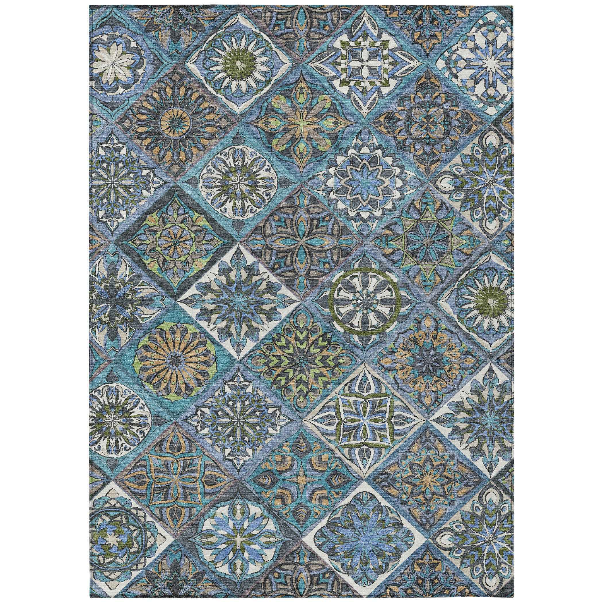 10' X 14' Denim Blue And Green Patchwork Washable Indoor Outdoor Area Rug