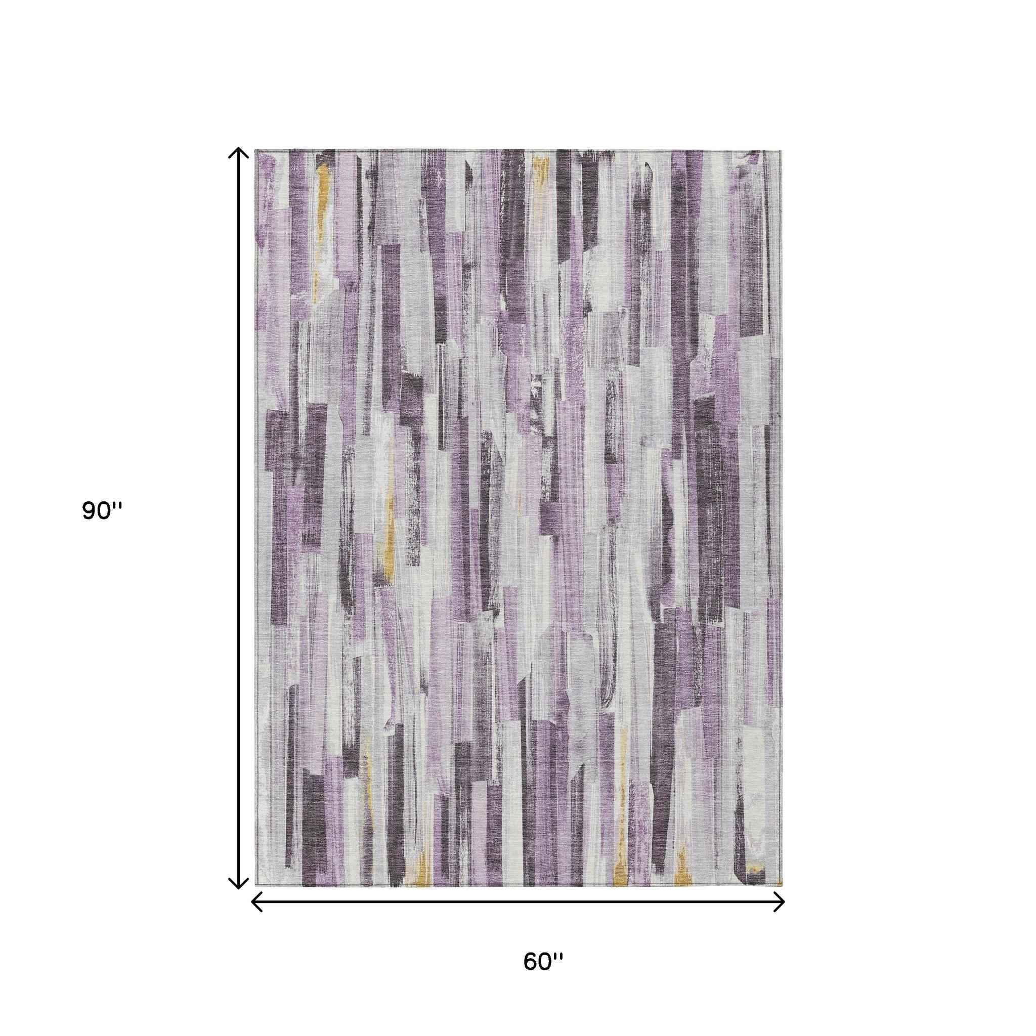 5' X 8' Lavender And Ivory Striped Washable Indoor Outdoor Area Rug