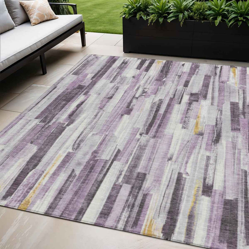 5' X 8' Lavender And Ivory Striped Washable Indoor Outdoor Area Rug