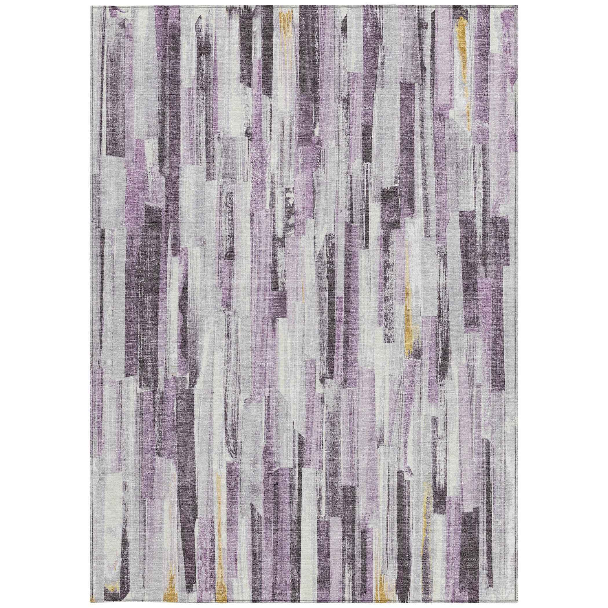 5' X 8' Lavender And Ivory Striped Washable Indoor Outdoor Area Rug