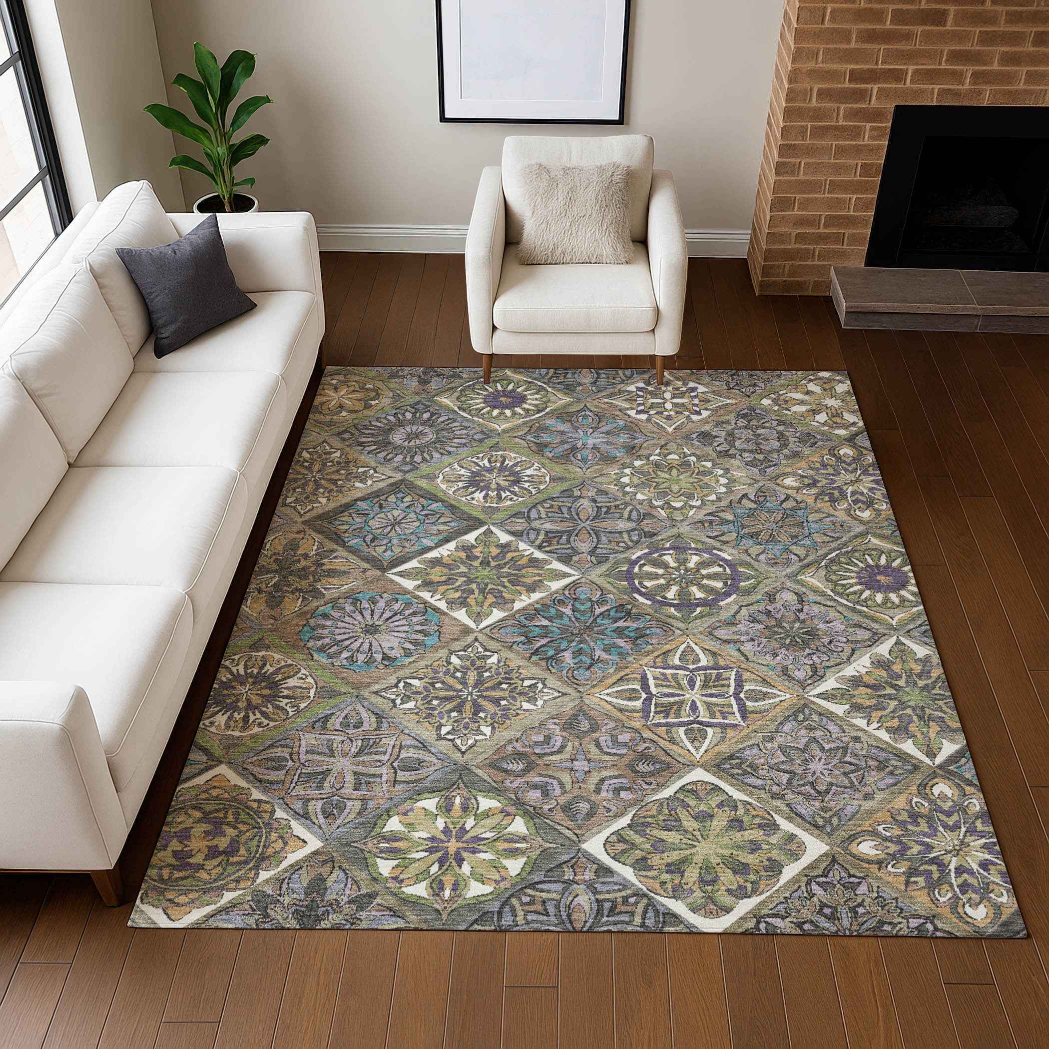 3' X 5' Taupe And Green Patchwork Washable Indoor Outdoor Area Rug