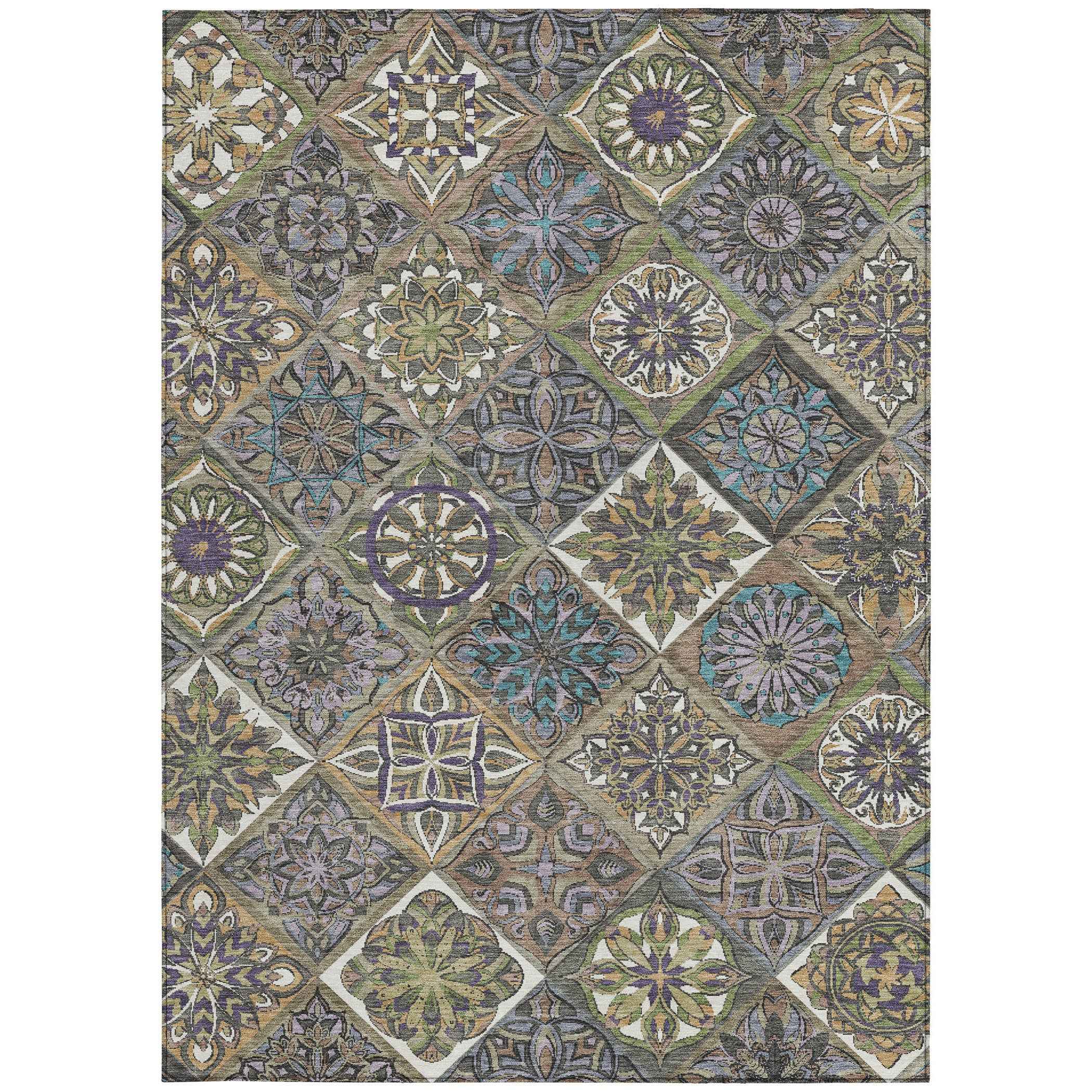 3' X 5' Taupe And Green Patchwork Washable Indoor Outdoor Area Rug