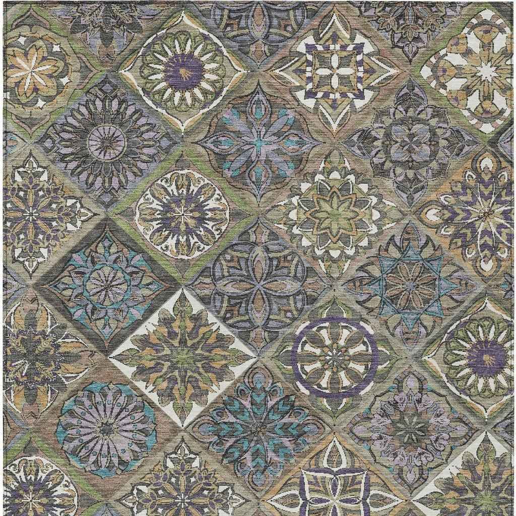 3' X 5' Taupe And Green Patchwork Washable Indoor Outdoor Area Rug