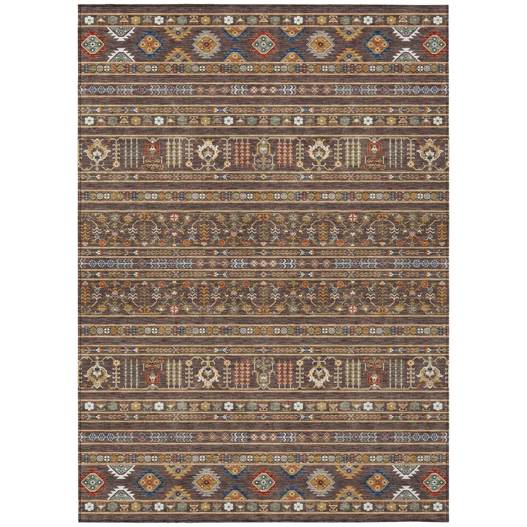10' X 14' Chocolate Blue And Copper Tribal Washable Indoor Outdoor Area Rug