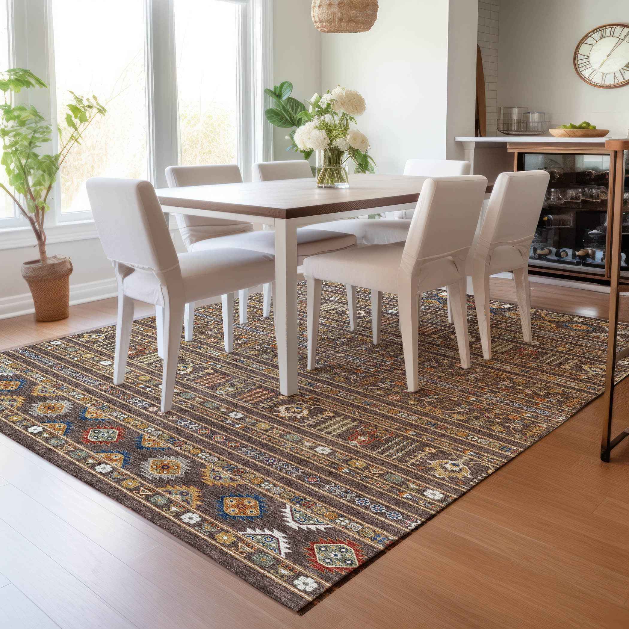 10' X 14' Chocolate Blue And Copper Tribal Washable Indoor Outdoor Area Rug