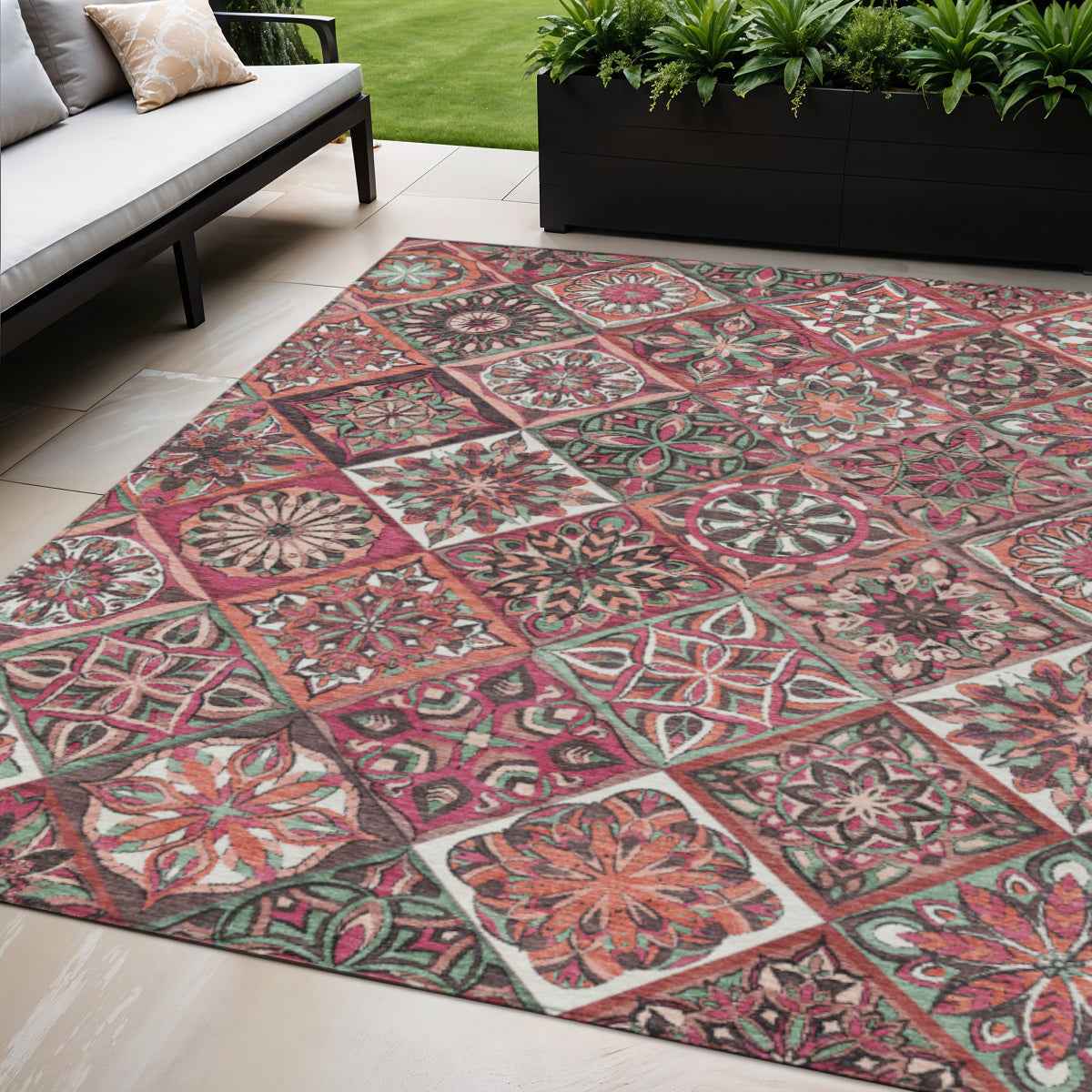 5' X 8' Blush And Green Patchwork Washable Indoor Outdoor Area Rug