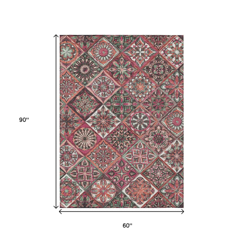 5' X 8' Blush And Green Patchwork Washable Indoor Outdoor Area Rug