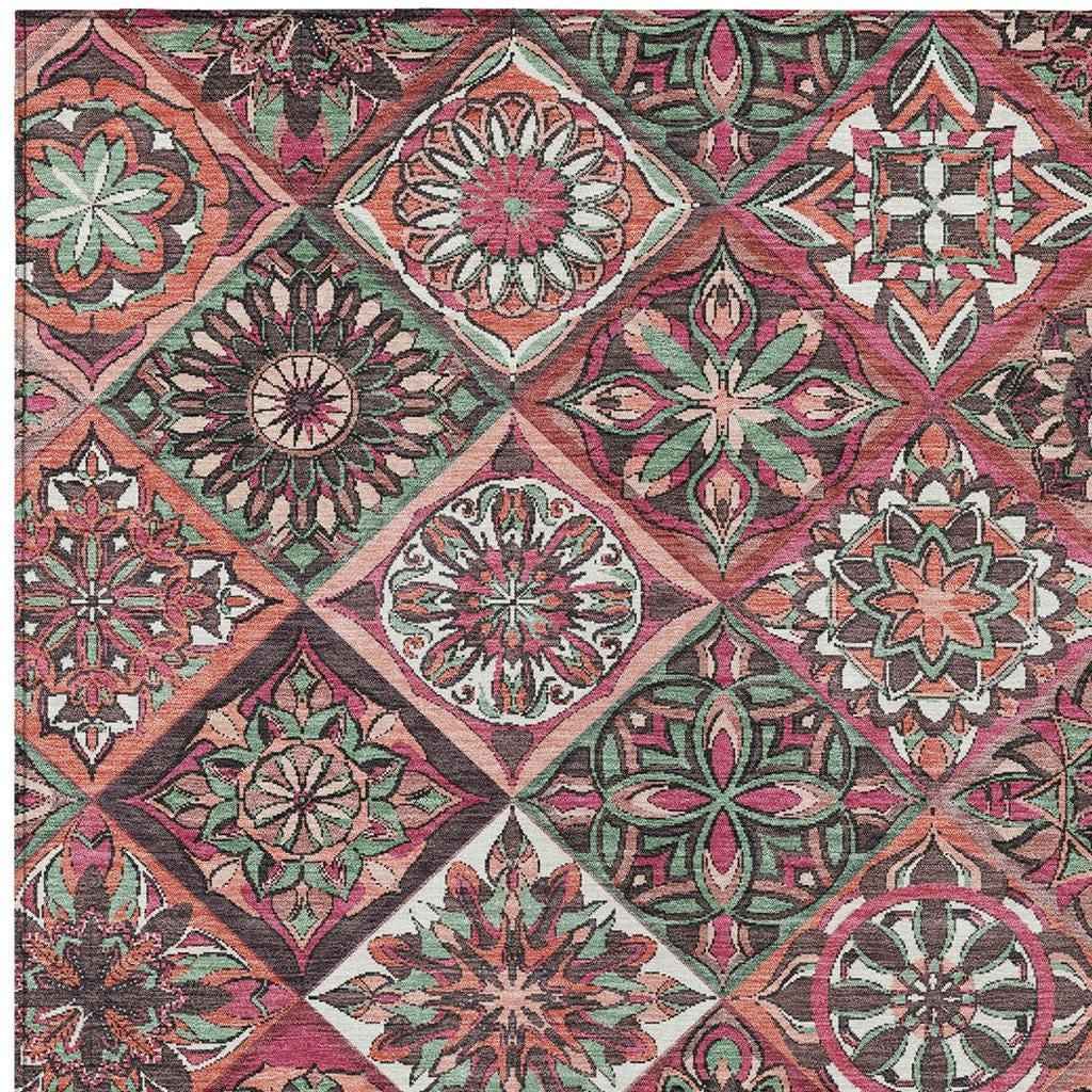 5' X 8' Blush And Green Patchwork Washable Indoor Outdoor Area Rug