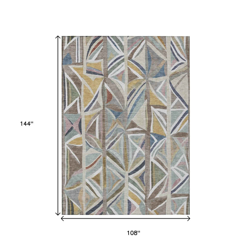 9' X 12' Taupe Ivory And Gold Geometric Washable Indoor Outdoor Area Rug