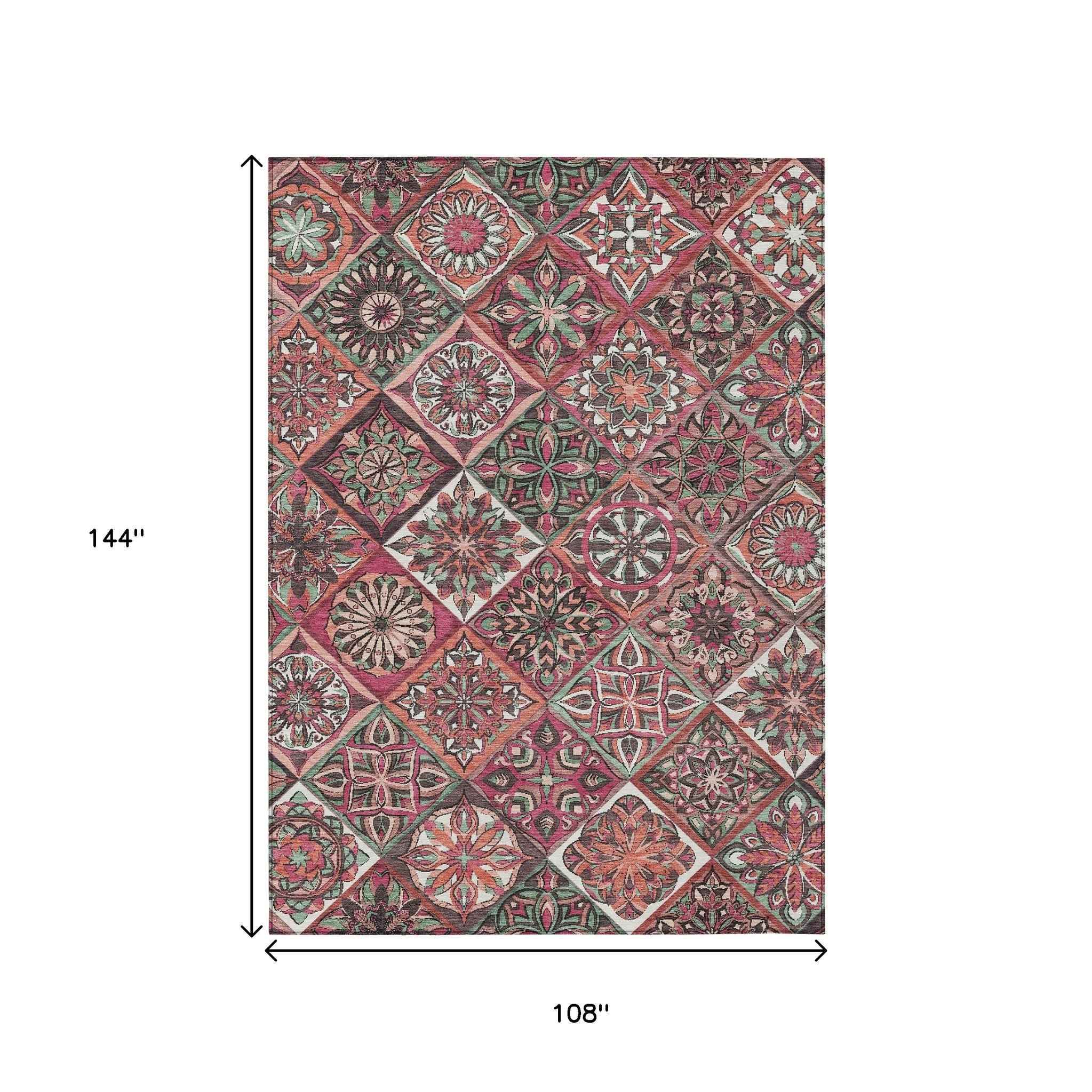 9' X 12' Blush And Green Patchwork Washable Indoor Outdoor Area Rug