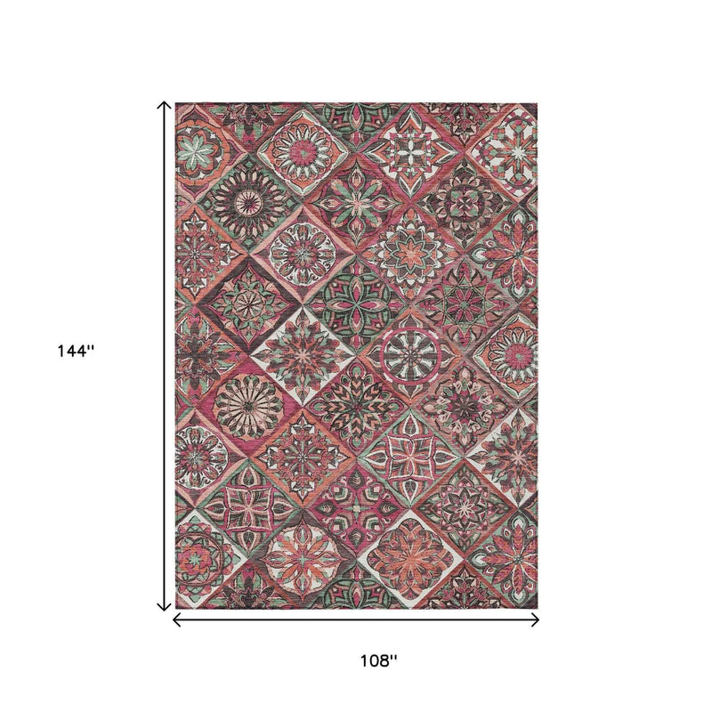 9' X 12' Blush And Green Patchwork Washable Indoor Outdoor Area Rug