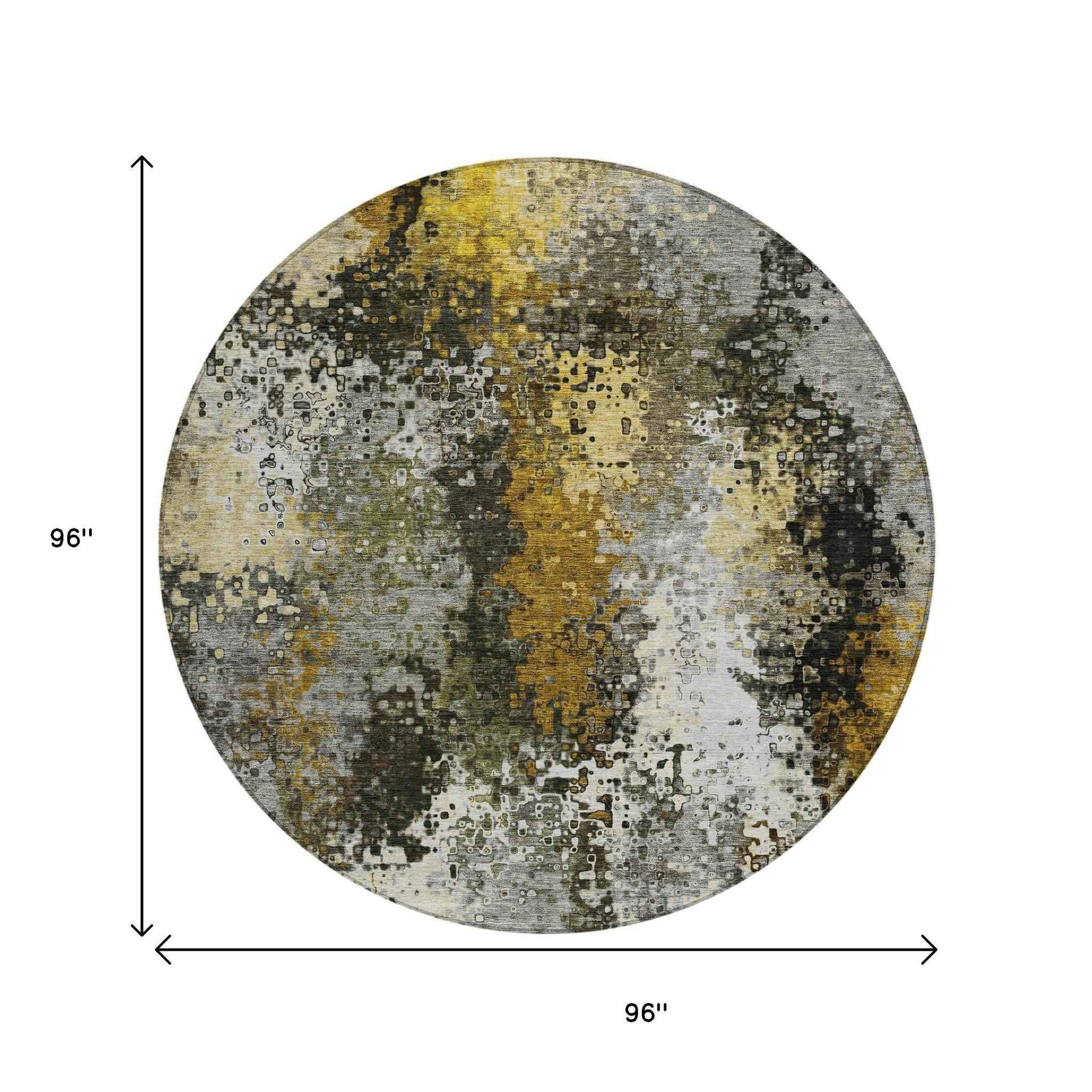 8' Pewter Gold And Silver Round Abstract Washable Indoor Outdoor Area Rug