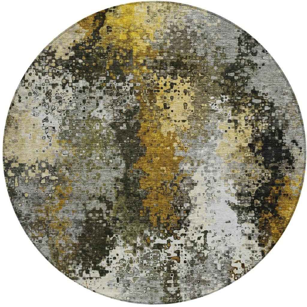 8' Pewter Gold And Silver Round Abstract Washable Indoor Outdoor Area Rug