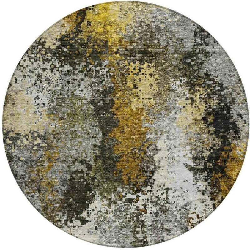 8' Pewter Gold And Silver Round Abstract Washable Indoor Outdoor Area Rug